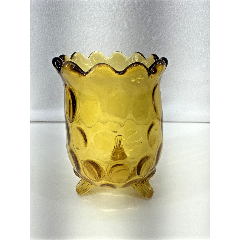 Vintage Handblown Amber Glass Vase Hobnail Bulbous Feet Ruffled Rim